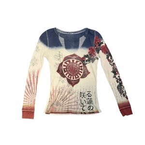 Vintage Y2K Lucky Brand Asian Inspired Print Waffle Knit Henley Long Sleeve